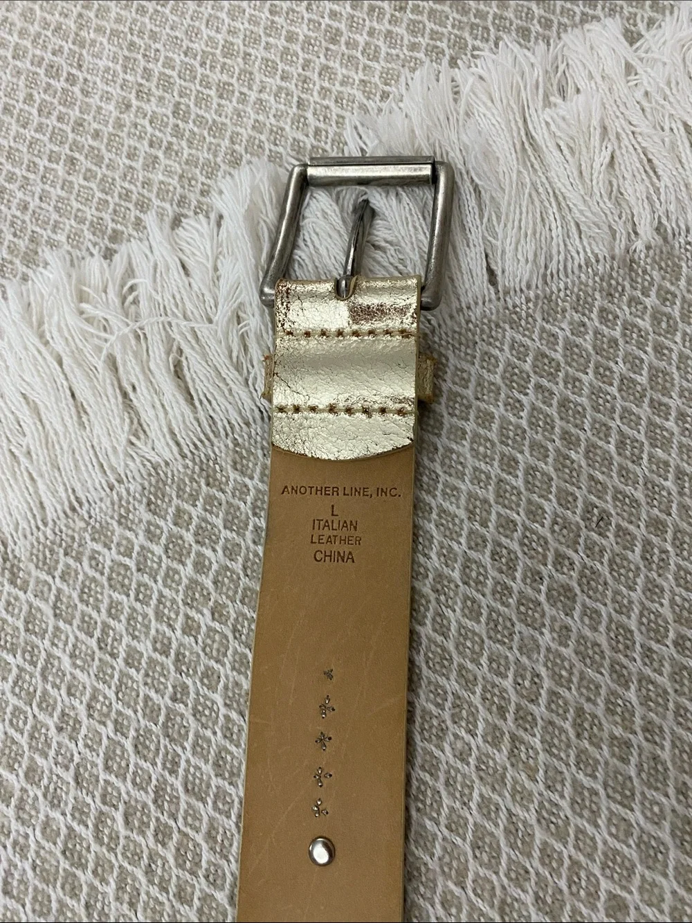 Another Line Inc. Italian Leather Metallic Gold Belt with Stud & Diamond Accents